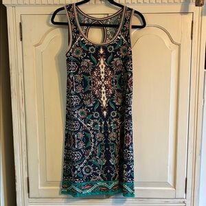 Max Studio Navy, Teal & Cream Sleeveless Keyhole Mini Dress